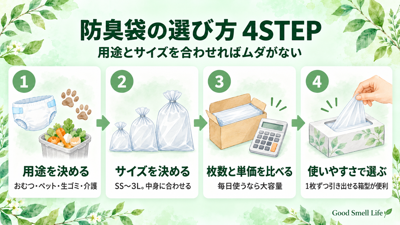 防臭袋の用途別の選び方STEP(用途を決める・サイズを決める・枚数と単価を比べる・口の結びやすさ)の図解