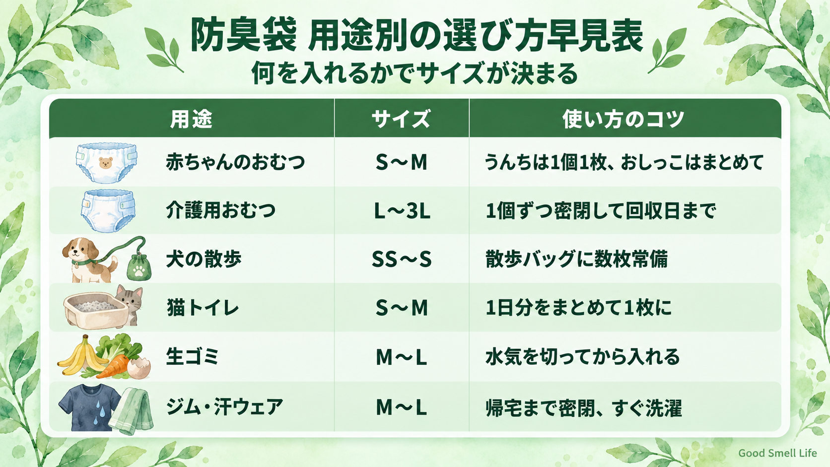 防臭袋おすすめ5選のサイズ・枚数・用途を並べた比較表