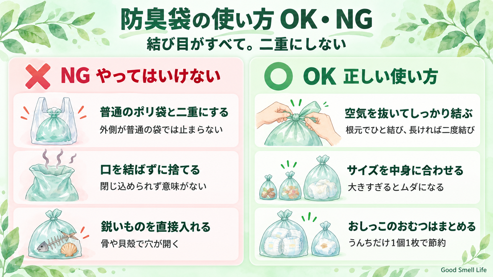防臭袋の使い方でやってはいけないNGと正しい使い方を示した図解