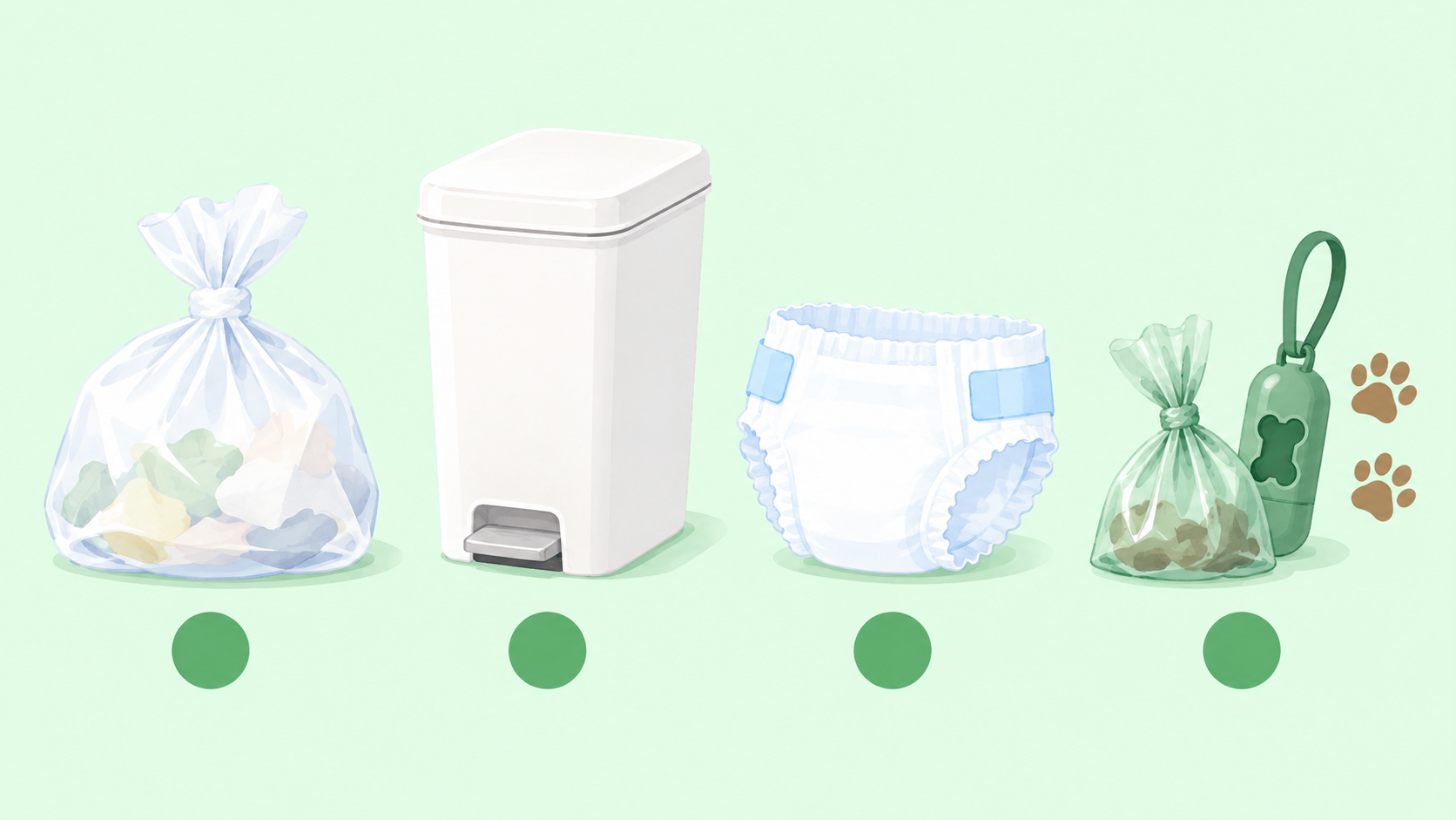 防臭袋・ゴミ箱・おむつ・ペットのウンチ袋を並べたフラットイラスト
